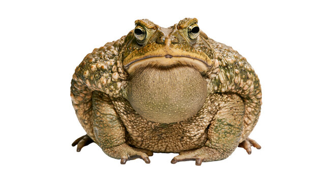 Isolated textured toad with an inflated throat sac, showing natural patterns and colors