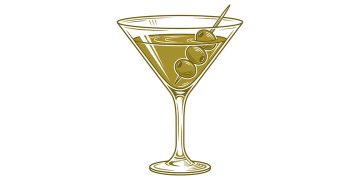Martini glass with green olives on a toothpick sketch style illustration for menu design and beverage branding.
