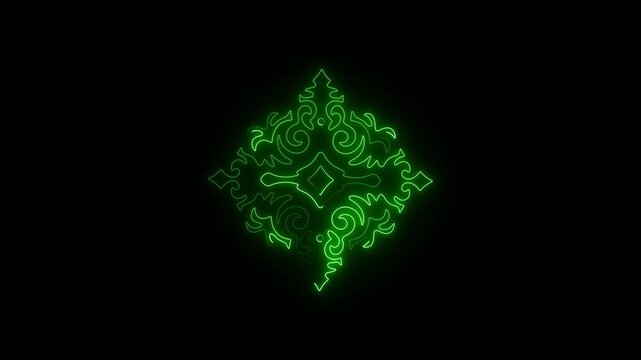 Glowing green neon floral ornament on black background