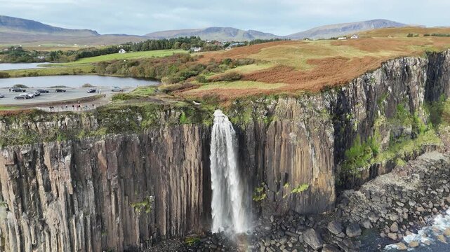 Aerial Mealt Falls Kilt Rock Basalt Cliffs Loch Mealt Isle Of Skye Scotland