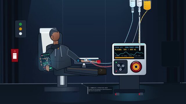 Animation of a person donating plasma while simultaneously working a gig economy delivery app on a smartphone to survive inflation and make ends meet