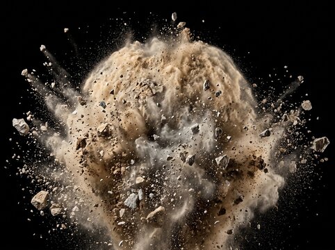 Dynamic explosion of sandy dust and small rocks bursting outward with high-speed debris, fine particulate matter, and fractured stone fragments isolated against a solid dark black background