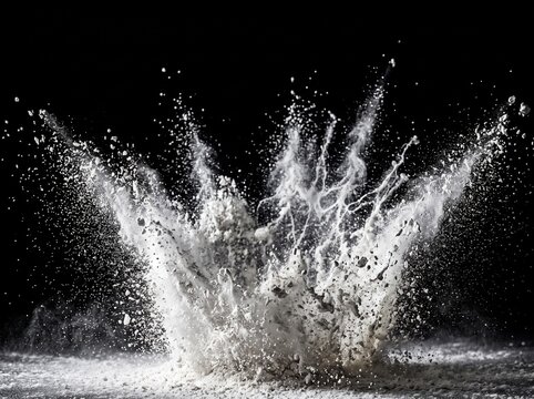 Dynamic explosion of white powder and fine dust particles bursting upward with high speed debris and scattered particulate matter isolated against a solid black background