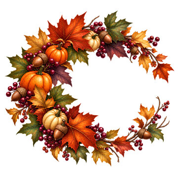 Autumn Pumpkin Wreath with Colorful Maple Leaves, Red Berries and Acorns Framing an Open Center, Isolated on Transparent Background
