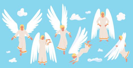 Fototapeta premium Set of heavenly angel characters with white wings, robes and blond hair floating among clouds in blue sky, isolated on white background vector illustration