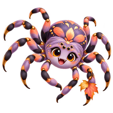 Cute Purple Furry Fantasy Spider with Orange Striped Legs, Golden Details and Autumn Maple Leaf, Isolated on Transparent Background