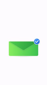 Animated green envelope receiving a chat message, sealing, and showing a blue check mark for successful delivery.