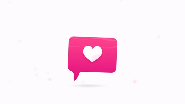 Animated social media chat bubble filling with pink liquid and transforming into a heart icon.