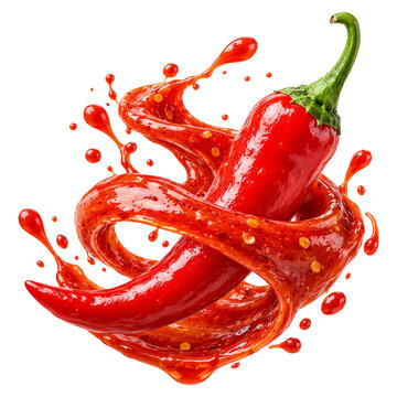 Red chili pepper wrapped in a swirling vortex of spicy hot sauce and liquid chili splash isolated on a transparent background