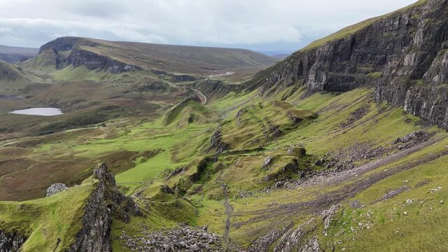 Aerial Quiraing Landslip Escarpment Green Plateau Loch Trotternish Skye