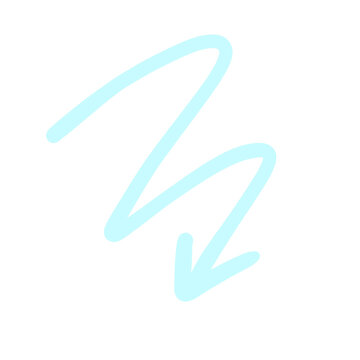 A hand-drawn light blue arrow pointing downwards in a zigzag motion, against a plain white background