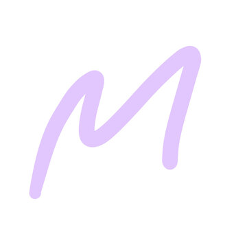 A single purple letter M drawn in a playful, cursive style on a white background