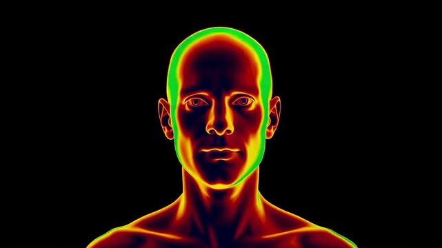 A 3D thermal imaging scan rotates around a bald human head and shoulders, showing changing heat signatures from red to green.  