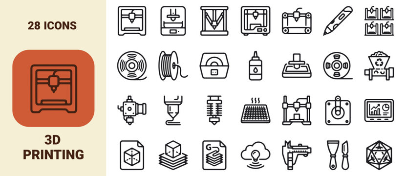 3d printing thin line vector icon set, modern outline symbols collection, technology graphic stroke logo concepts