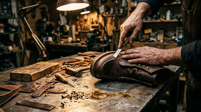 A candid macro photograph of handsusing a sharp chisel to carve a classic leather boot on aheavy industrial metal workshop table. Warm moody tungsten light from a desk lamp creating strong natura...