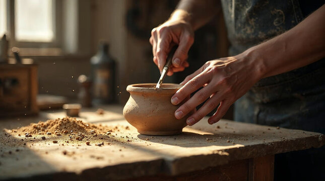 A candid macro photograph of handsusing a sharp chisel to carve a rustic ceramic clay pot on amessy worn-out rustic wooden workbench. Soft diffused morning sunlight passing through a dusty worksh...