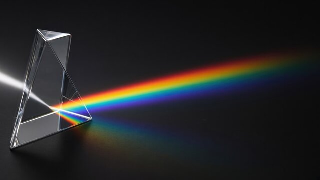Triangular glass prism splitting white light beam into rainbow on black