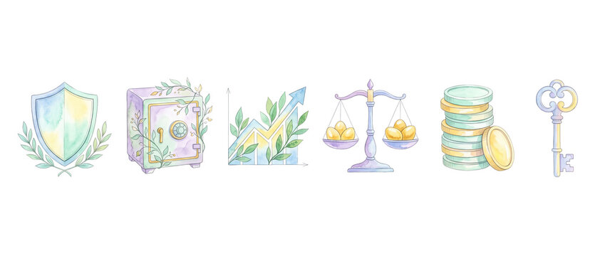 Sustainable finance watercolor icon set isolated on black background featuring shield safe growth chart scales with golden eggs coins and key wrapped in green leaves representing wealth management ESG
