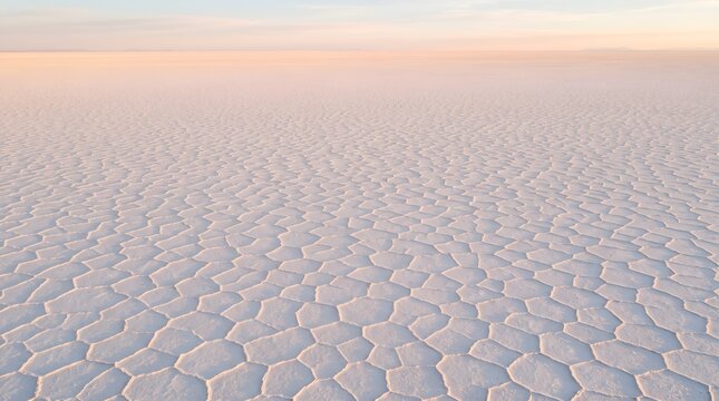 Geometric salt crust patterns on Salar de Uyuni salt flat at sunset