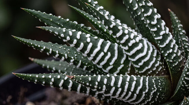 Macro photograph of a Zebra Haworthia (Haworthiopsis attenuata) succulent showing distinct raised white bands on dark green leaves in a rosette