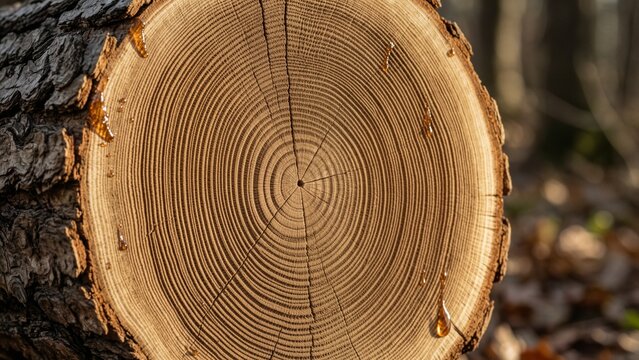 Nature - Close up of tree rings with fresh resin and bark on a cut log in a forest