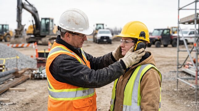 Construction Supervisor Checking a Worker's Earmuff Fit