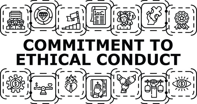 Commitment to ethical conduct banner infographic. Respect conscience, transparency honesty, values probity icon vector illustration