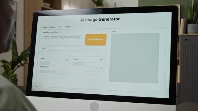 African American senior man typing prompt into AI image generator software on computer screen. Clip suitable for artificial intelligence promotions and digital creativity marketing