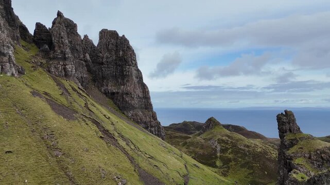 Aerial Quiraing Rock Pinnacles Cliffs Green Slopes Trotternish Isle Of Skye