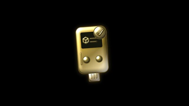 Hardware crypto wallet confirming gold foil animation black background