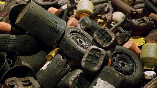 Dirty heap of old rubber tires and rusty metal containers abandoned in a messy collection area at a waste disposal site filled with broken debris and damaged materials piled up during the daytime