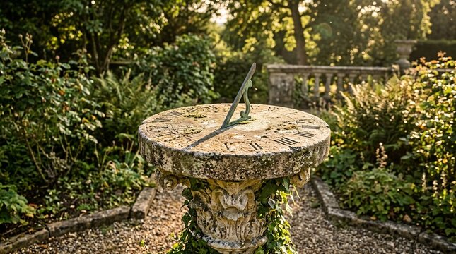 Ancient carved stone sundial casts a crisp sharp shadow over weathered Roman numerals on a pedestal in a lush classical European garden