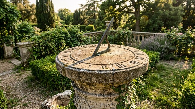 Ancient carved stone sundial casts a crisp sharp shadow over weathered Roman numerals on a pedestal in a lush classical European garden