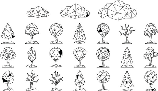 Geometric low poly tree and cloud vector set featuring triangular wireframe mesh lines for nature landscape design