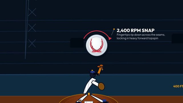 Educational 2D animation explaining the Magnus effect and aerodynamics of a baseball pitch highlighting topspin boundary layer and pressure split resulting in a sharp vertical break