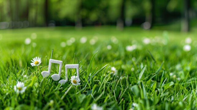 Musical Notes in a Lush Green Meadow Surrounded by White Daisy Flowers Under Bright Sunshine