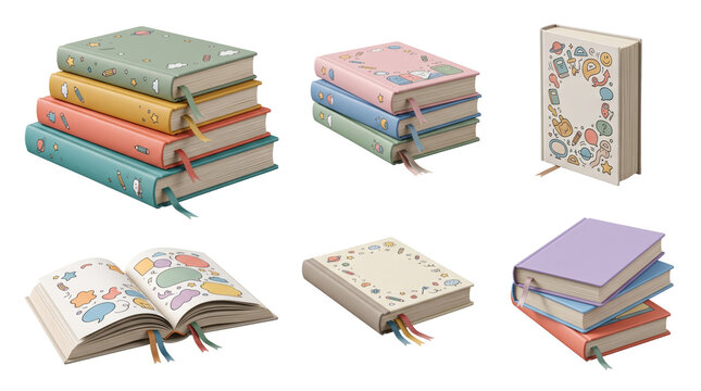 Collection of colorful hardcover journals and notebooks with patterned covers and ribbon bookmarks isolated on a transparent background