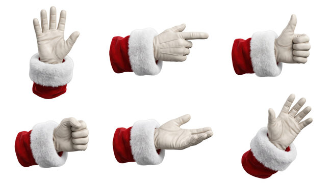 Set of santa claus hands wearing white gloves and red fur cuffs in various gestures and positions isolated on a transparent background
