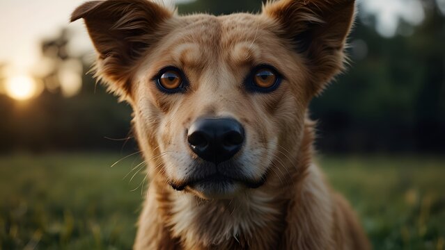 Close up of a devoted dog with soulful eyes in soft light, portrait of a dog, close-up portrait of a dog, lazy dog and farm dog shepherd with beautiful countryside in the background.