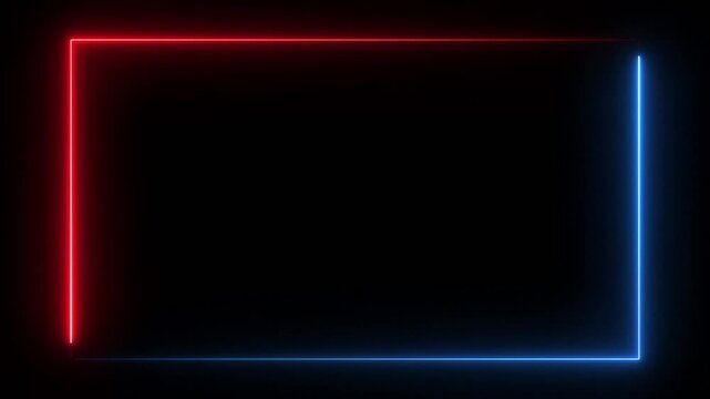 Glowing neon blue and red color square rectangle picture frame icon animation display neon box footage seamless border retro movement. technology. black background. loop animation