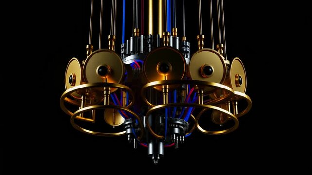 黒い背景の中に美しく整然と整えられた最先端量子コンピューター内部の金色に輝く精巧な冷却吊り下げ構造の全体像