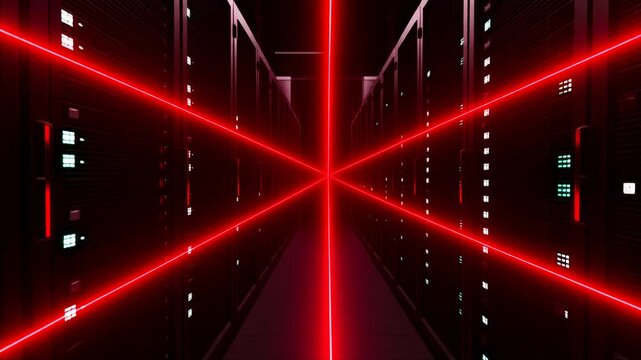 無機質なサーバーラック間を直線的に交差する赤いレーザー光線が放つ発光と高度な防犯セキュリティシステムの詳細な質感