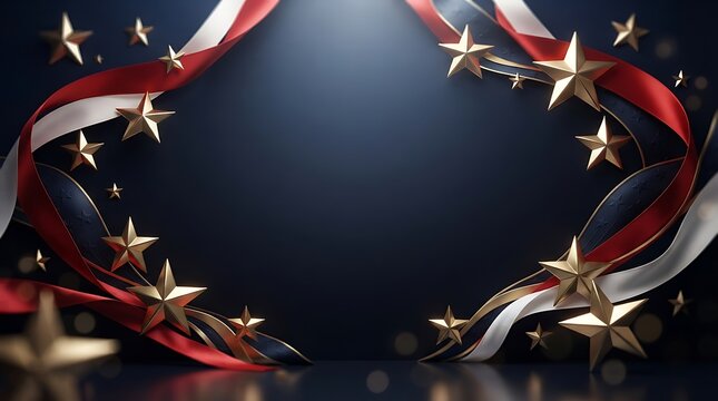 Dramatic patriotic background with flowing ribbons and golden stars on dark blue