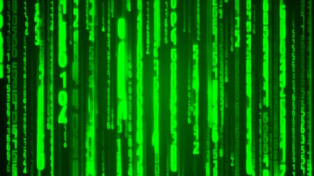 縦方向に流れる鮮やかな緑色の発光文字と数字のラインが緻密な計算とプログラム処理を表現するサイバー背景イメージ