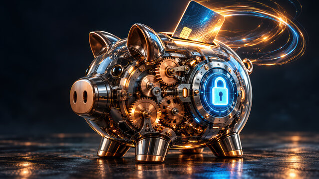 Mechanical piggy bank with lock and card, cyber security saving concept in dark studio