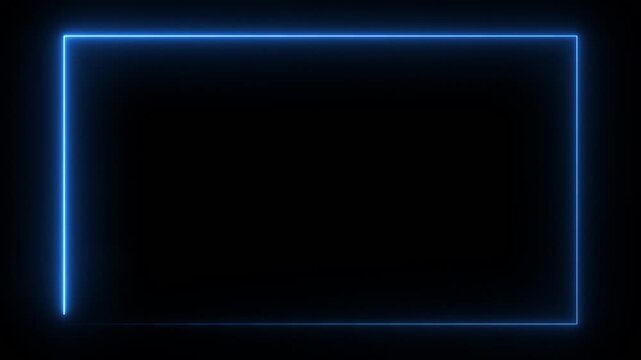 Glowing neon blue color square rectangle picture frame icon animation display neon box footage seamless border retro movement. technology. black background. loop animation