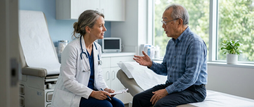 Doctor consulting elderly patient in examination room, healthcare, medical check-up