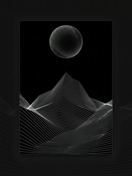 Minimalist Contour Line Mountain Peak with Dotwork Full Moon in Monochrome Landscape