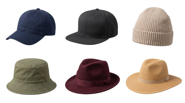 Collection of six different hats including a navy baseball cap, black snapback, beige beanie, olive bucket hat, maroon fedora, and straw hat