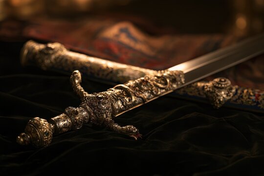 Heritage ceremonial dagger paired with a jeweled scabbard on luxurious velvet backdrop
